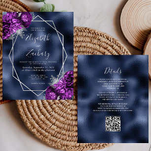 Budget Navy Purple Silver Floral QR Code Wedding