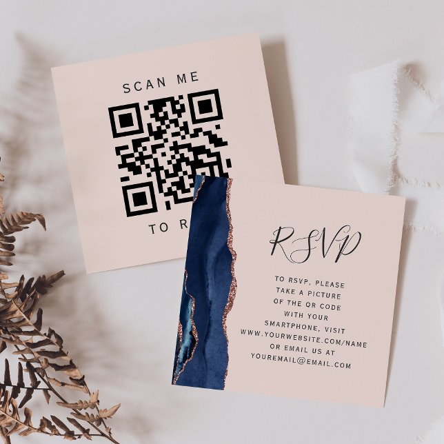 Budget Navy Rose Gold Agate Blush QR Code RSVP Enclosure Card (Creator Uploaded)