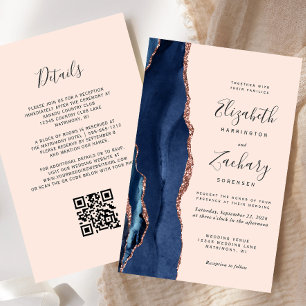 Budget Navy Rose Gold Agate Blush QR Code Wedding
