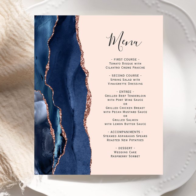 Budget Navy Rose Gold Agate Blush Wedding Menu (Creator Uploaded)