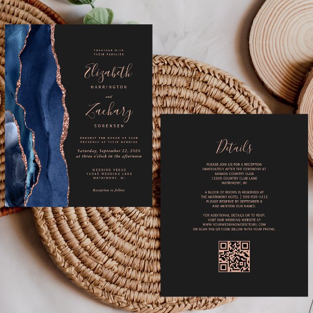 Budget Navy Rose Gold Agate Dark QR Code Wedding (Creator Uploaded)