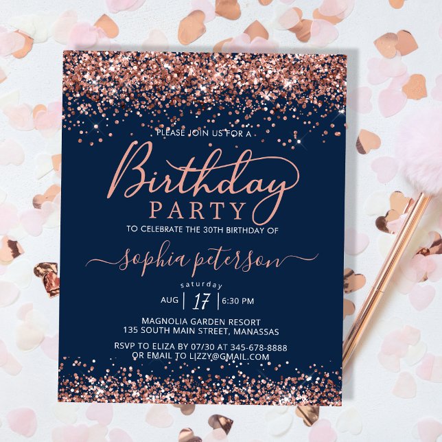 Budget Navy Rose Gold Glitter Birthday Invitation (Creator Uploaded)