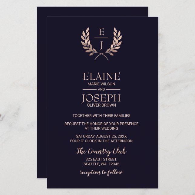 Budget Navy Rose Gold Monogram Wedding Invitations (Front/Back)