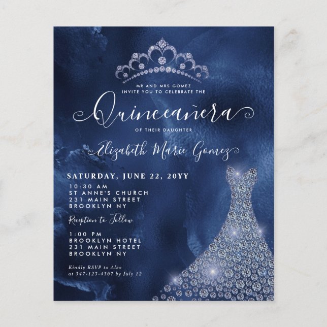 Budget Navy Royal Blue Diamond Tiara Quinceanera (Front)