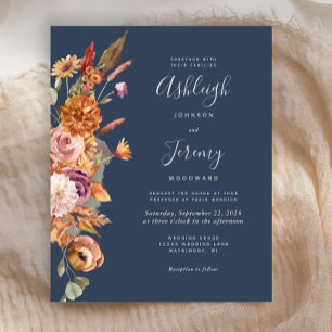 Budget Navy Rust Floral Watercolor Wedding Invite