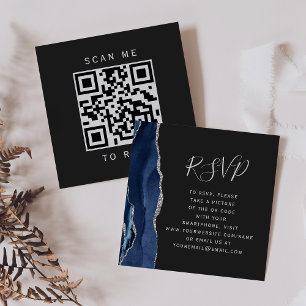 Budget Navy Silver Agate Dark Wedding QR Code RSVP Enclosure Card