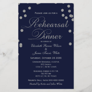 Budget Navy Silver Glitter Rehearsal Dinner invite