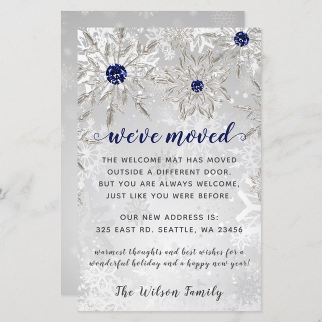 Budget Navy Snowflakes We've Moved Holiday Cards (Front/Back)