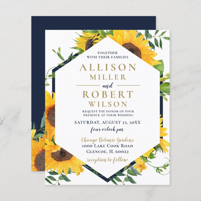 Budget Navy Sunflower Rustic Wedding Invitation (Front/Back)