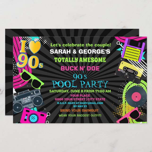Budget Neon Couples 90s Pool Party Invitation (Front/Back)