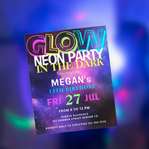 Budget neon glow teens birthday party invitation