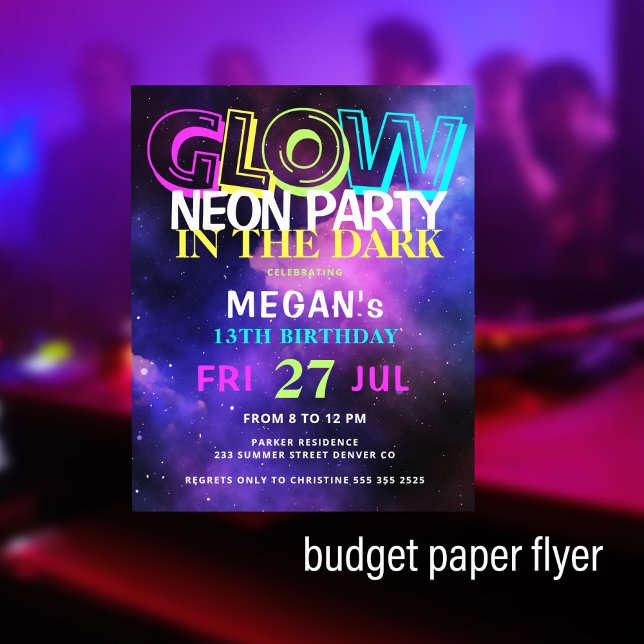 Budget neon glow teens birthday party invitation flyer (Creator Uploaded)