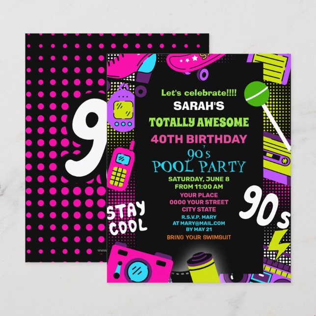 Budget Neon Retro 90's Birthday Pool Party Invite (Front/Back)