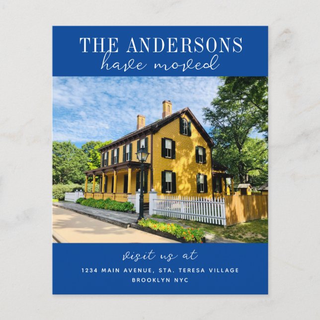 Budget New Home Photo Moving Blue Announcement (Front)