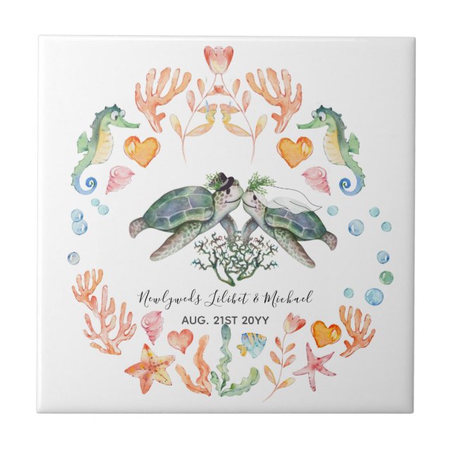 BUDGET Newlyweds Wedding Gifts Custom SEA TURTLES Ceramic Tile (Front)