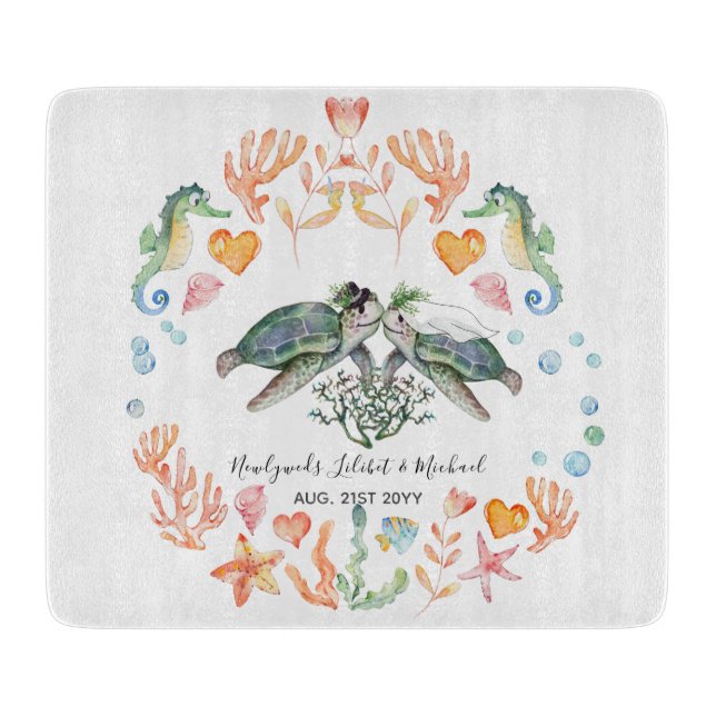 BUDGET Newlyweds Wedding Gifts Custom SEA TURTLES Cutting Board (Front)