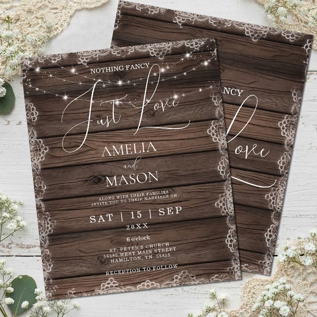 Budget Nothing Fancy Just Love Rustic Wedding (Budget Nothing Fancy Just Love Rustic Wood and Lace with String Lights Wedding Invitation)