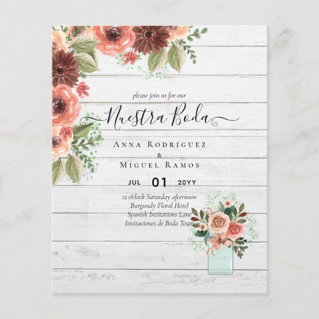 BUDGET Nuestra BODA Burgundy Floral Fall Wedding Flyer (Front)