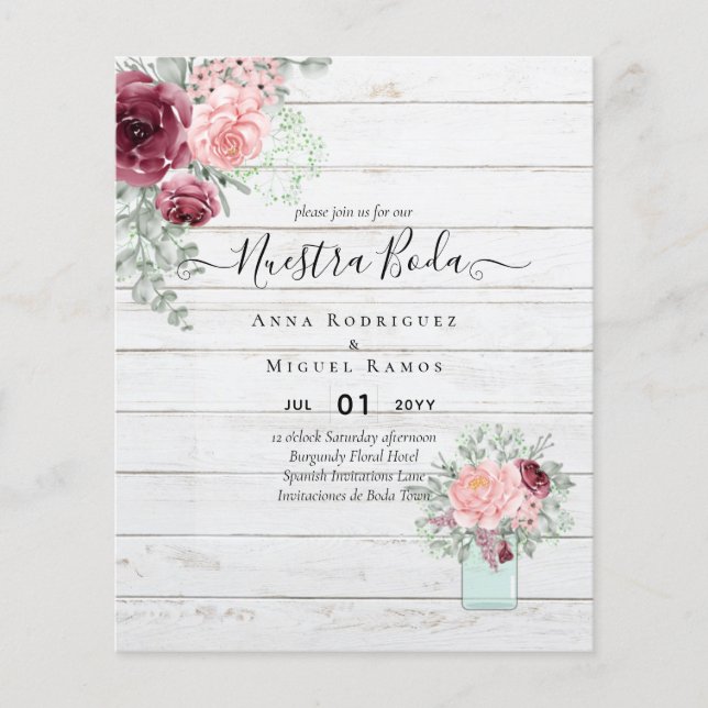BUDGET Nuestra BODA Burgundy Pink Floral Wedding Flyer (Front)