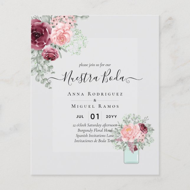 BUDGET Nuestra BODA Burgundy Pink Floral Wedding Flyer (Front)