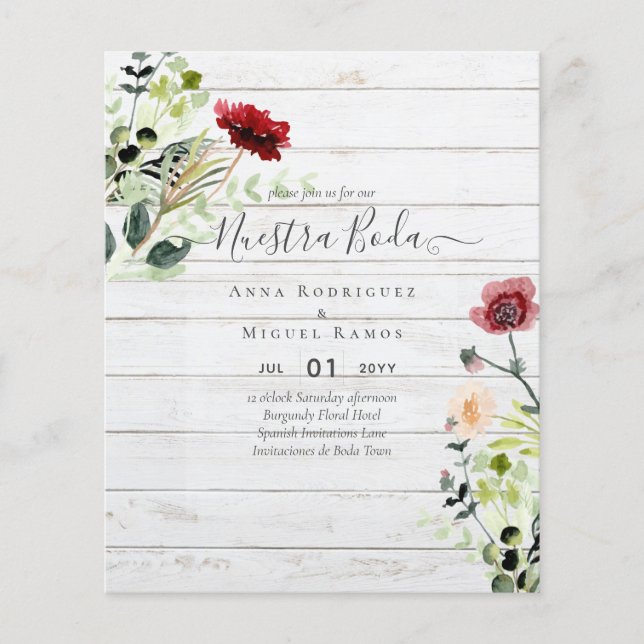 Budget nuestra BODA Burgundy Wildflowers Invites (Front)