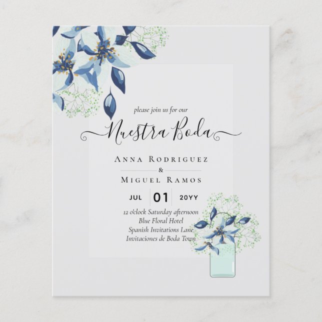 Budget Nuestra Boda Navy Blue Flowers Invitations Flyer (Front)