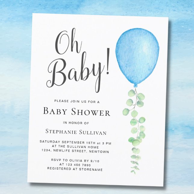 Budget Oh Baby Blue Balloon Baby Shower Invitation (Creator Uploaded)