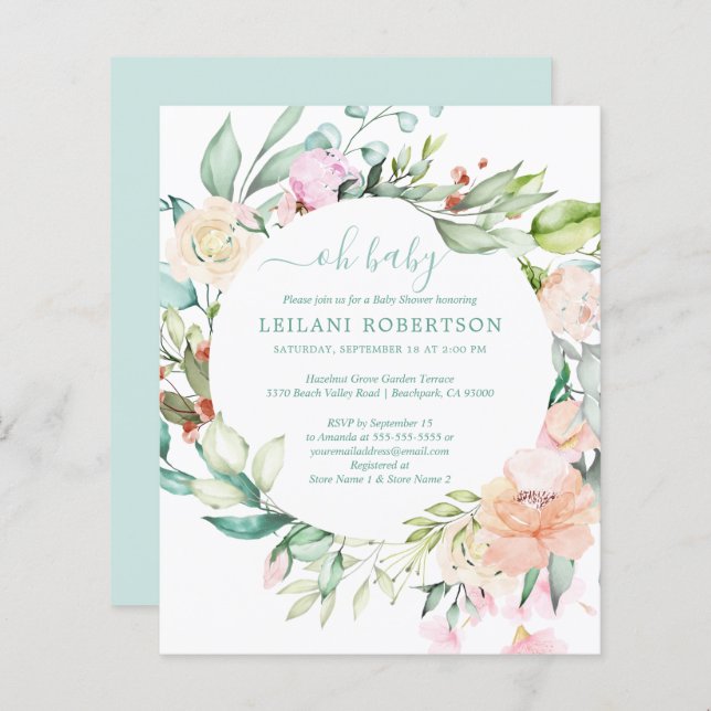 Budget Oh Baby Floral Wreath Shower Invitation (Front/Back)