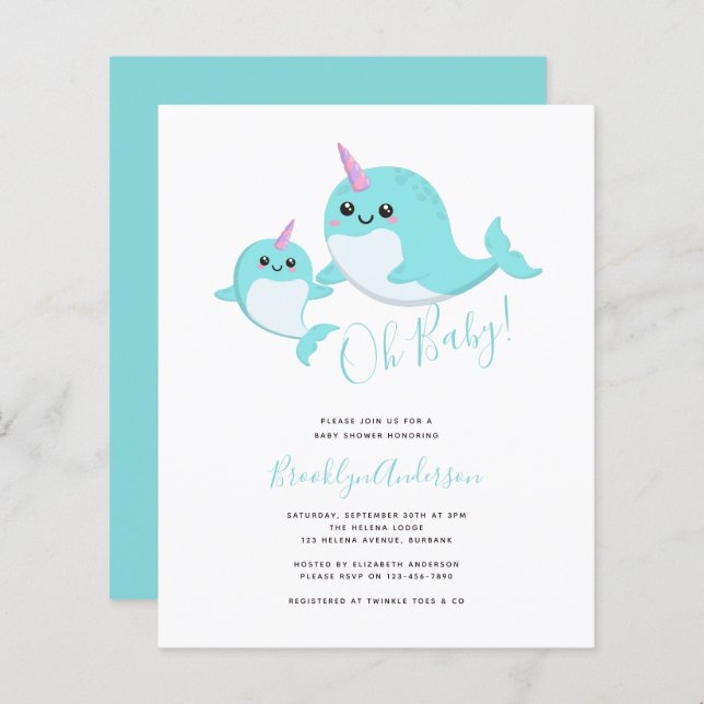 Budget Oh Baby Narwhal Baby Shower Invitation (Front/Back)