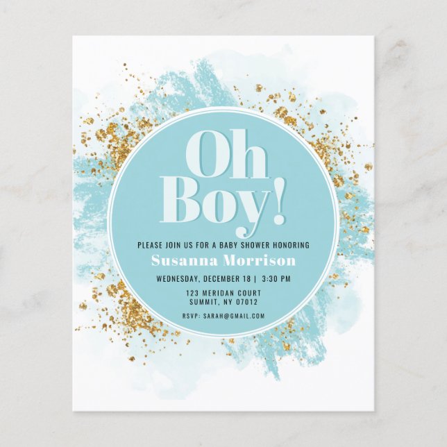 Budget Oh Boy Baby Shower Watercolor Glitter (Front)