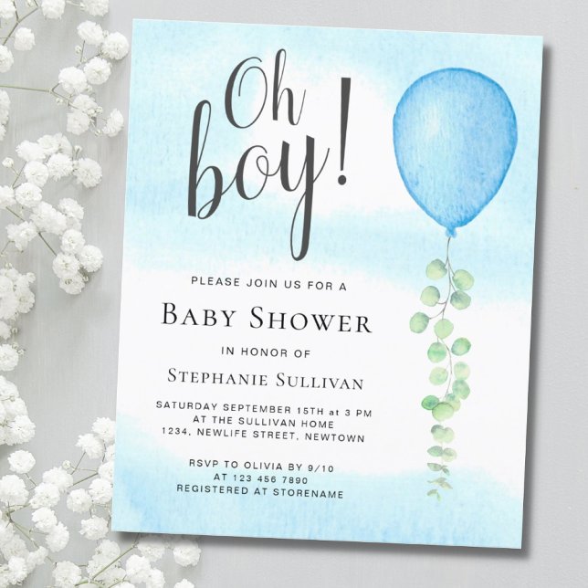 Budget Oh Boy Blue Balloon Baby Shower Invitation (Creator Uploaded)