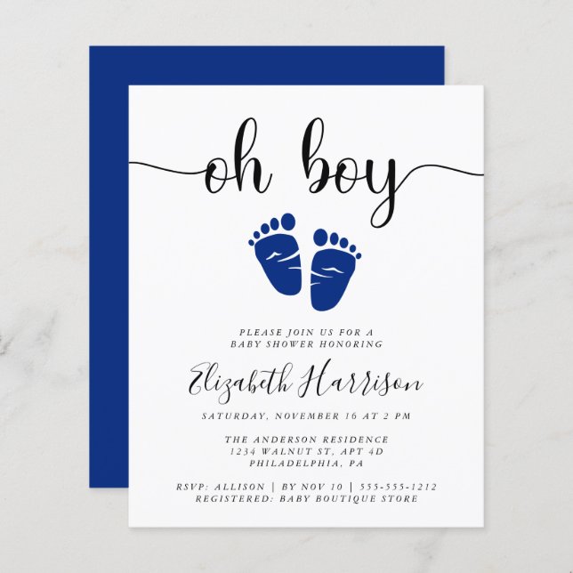 Budget Oh Boy Navy Blue Baby Shower Invitation (Front/Back)