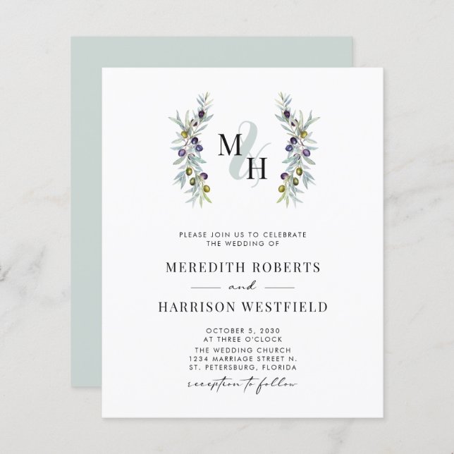 Budget Olive Branch Monogram Wedding Invite (Front/Back)