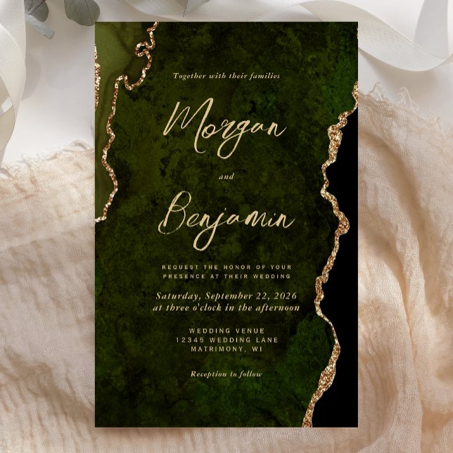 Budget Olive Green Agate Script Wedding Invite (Creator Uploaded)
