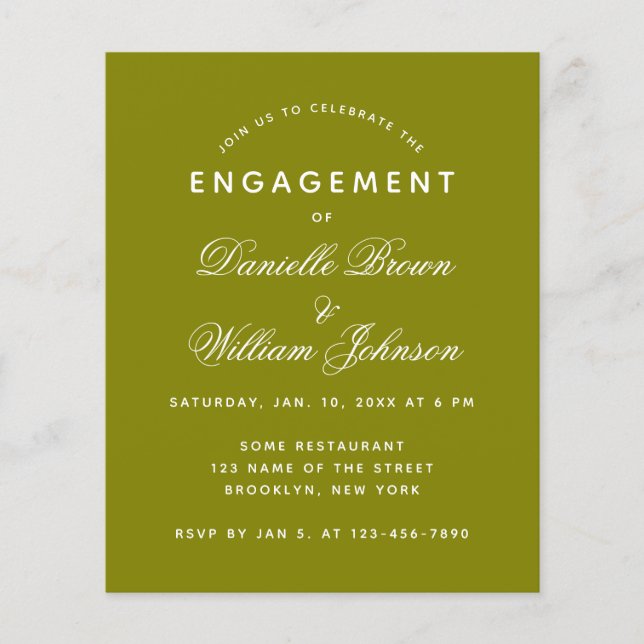 Budget Olive Green Engagement Invitation (Front)