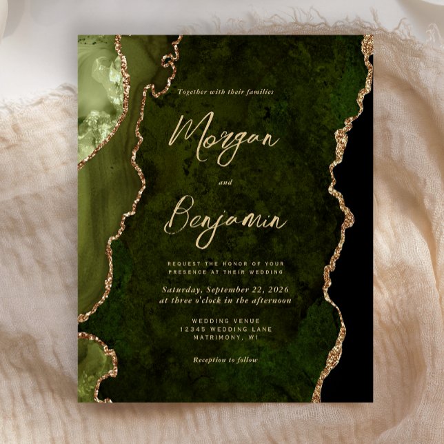 Budget Olive Green Gold Agate Wedding Invite (Creator Uploaded)