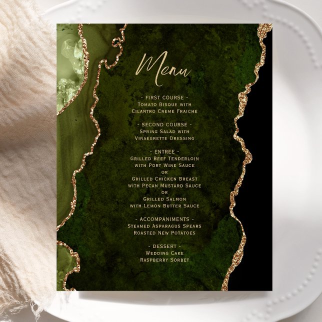 Budget Olive Green Gold Agate Wedding Menu (Creator Uploaded)