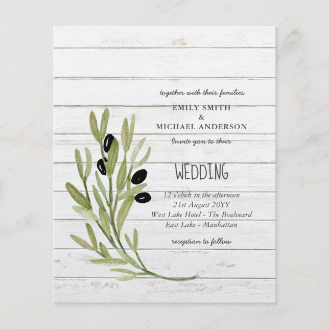 BUDGET OLIVE LEAVES Modern Minimalist Wedding Inv Flyer (Front)