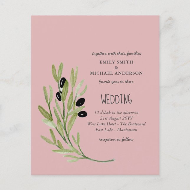 BUDGET OLIVE LEAVES Modern Minimalist Wedding Inv Flyer (Front)