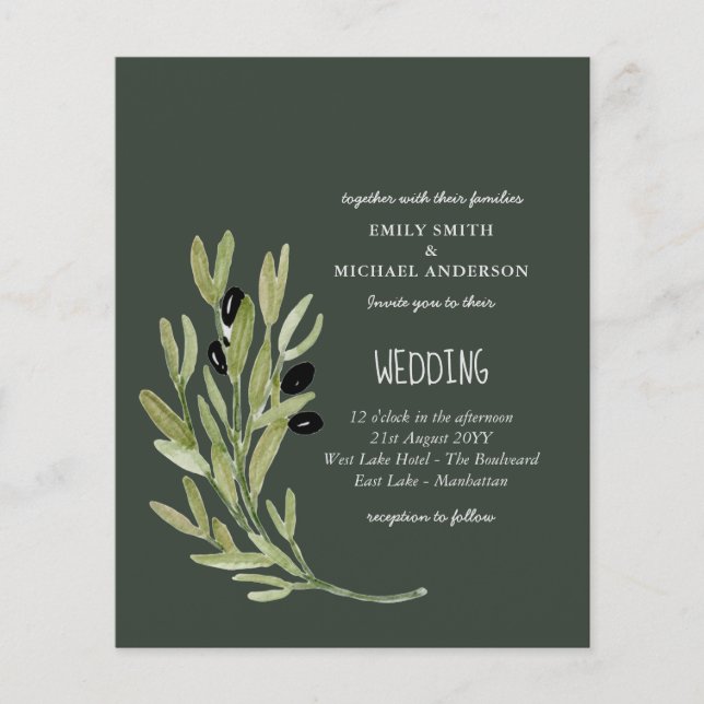 BUDGET OLIVE LEAVES Modern Minimalist Wedding Inv Flyer (Front)