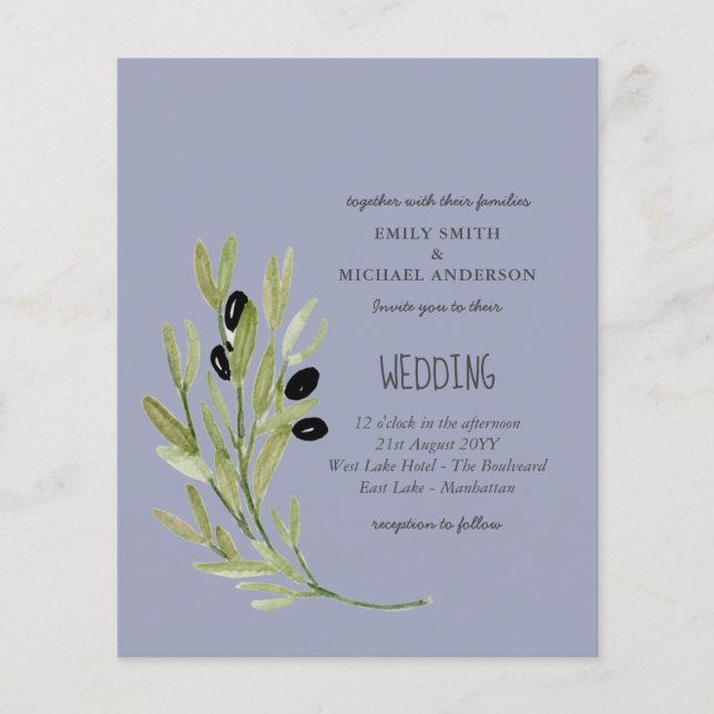 BUDGET OLIVE LEAVES Modern Minimalist Wedding Inv Flyer (Front)