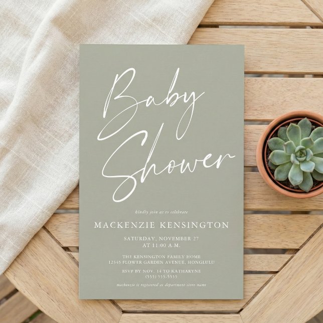 Budget Olive Sage Green Simple Script Baby Shower (Creator Uploaded)
