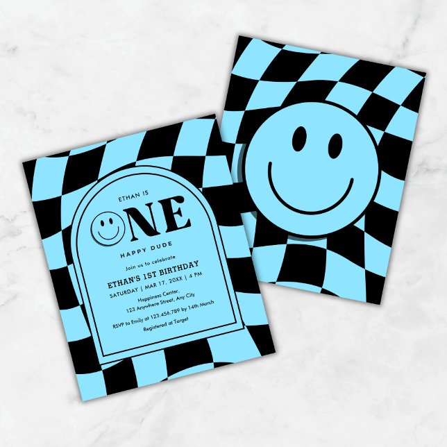 Budget One Happy Dude Blue Boy 1st Birthday Invite (Budget One Happy Dude Happy Face Blue Boy 1st Birthday Invitation  )
