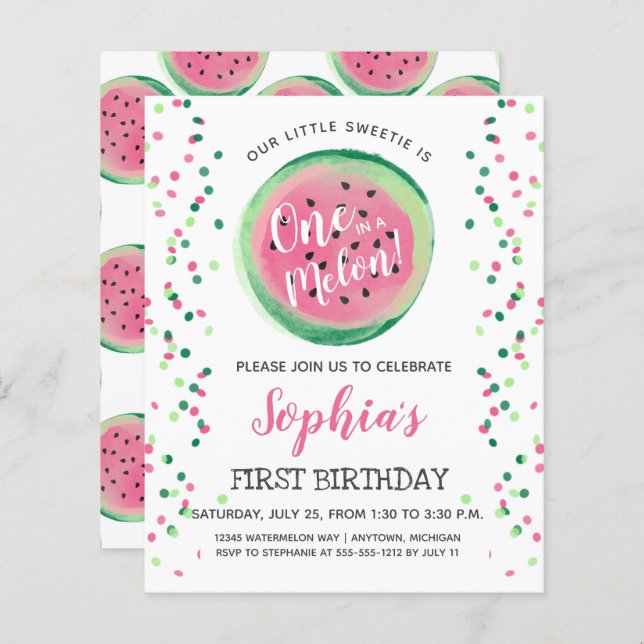 Budget One in a Melon 1st Birthday Invitation (Front/Back)