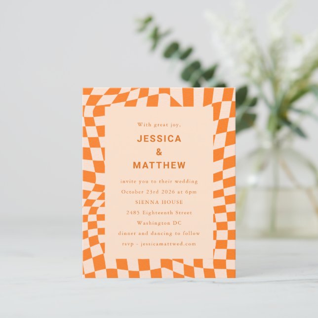 Budget Orange Abstract Check Wedding Invitation (Standing Front)