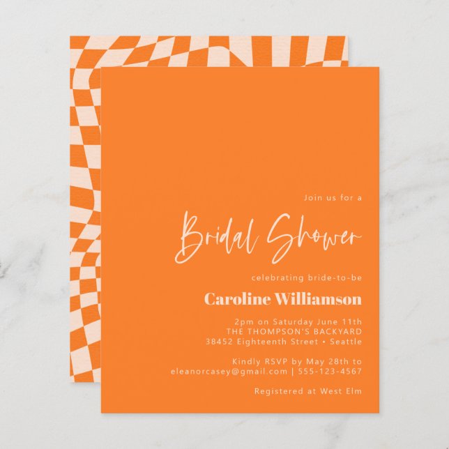 Budget Orange Abstract Chequerboard Bridal Shower (Front/Back)