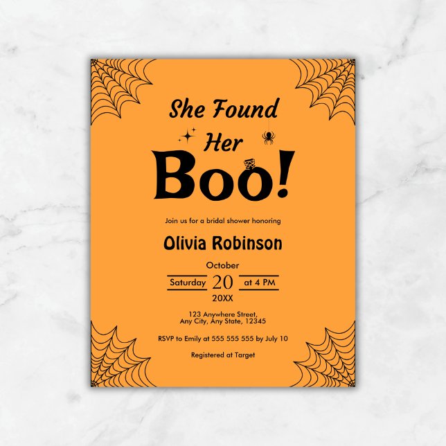 Budget Orange Black Halloween Bridal Shower Invite (Budget Orange She Found Her Boo Halloween Bridal Shower Invitation  )
