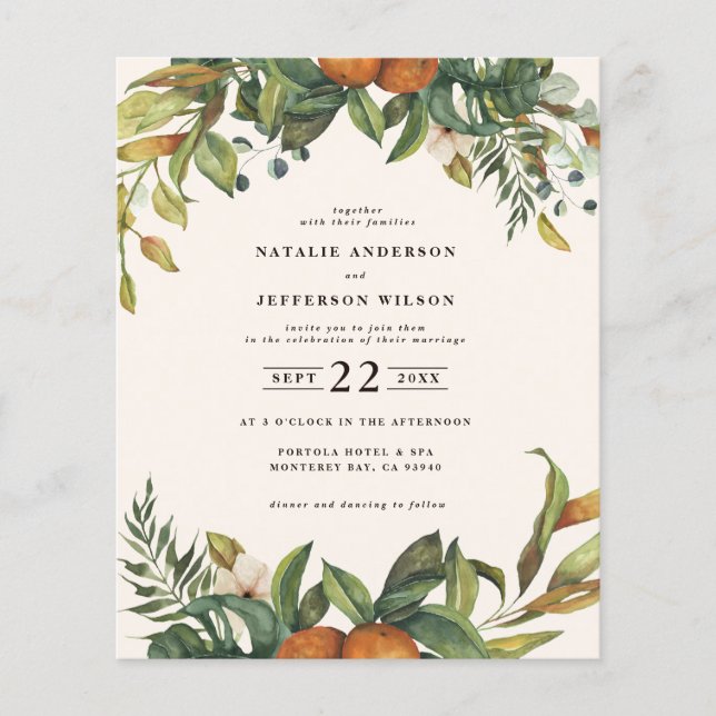 budget Orange citrus floral wedding save the date (Front)