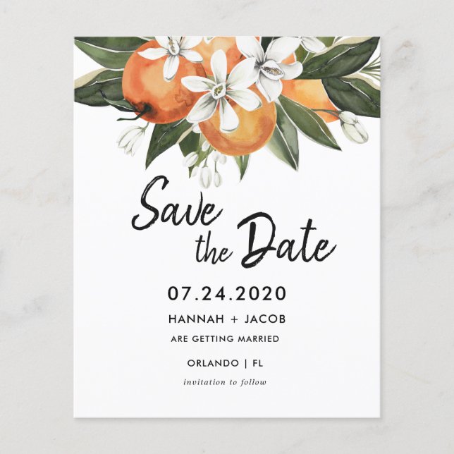 Budget Orange Citrus Greenery Save The Dates Cards (Front)