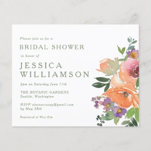 Budget Orange Floral Art Bridal Shower Invite